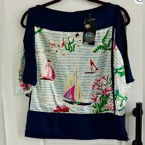 Eva Franco Anthropologie Navy and pink Sailboat cold shoulder Blouse size 6